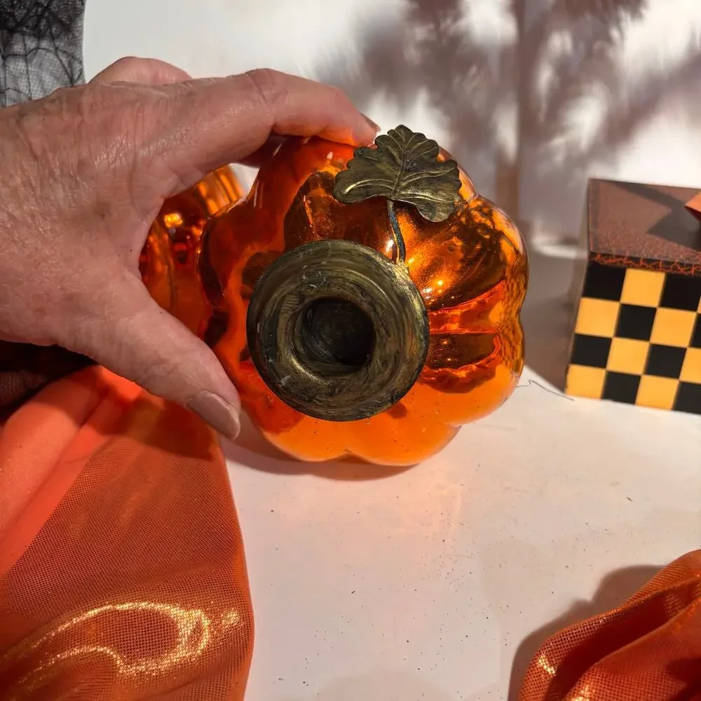 Pair of Orange Mercury Glass Pumpkin Shaped Candle Holders 4 inches
